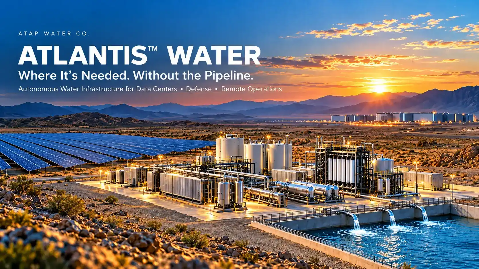 Conceptual illustration of the ATAP Atlantis atmospheric water generation platform in an arid environment